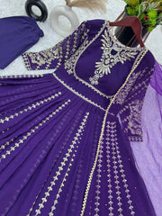 Fashionable Georgette Purple Color Embroidery Work Anarkali Gown