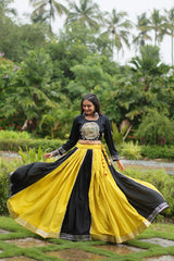 Blissful Reyon Gota-Patti Work Yellow-Black Color Navratri Lehenga Choli