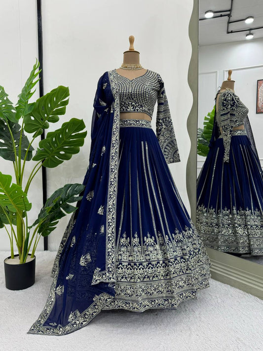 Function Wear Thread With Sequence Work Blue Color Lehenga choli