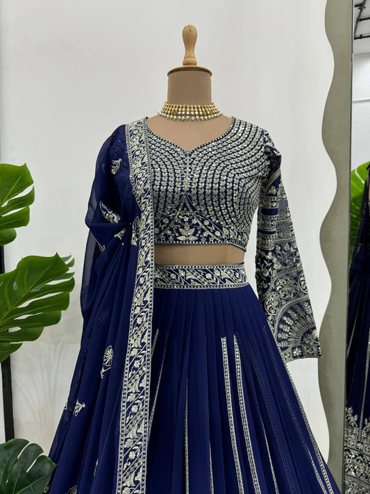 Function Wear Thread With Sequence Work Blue Color Lehenga choli