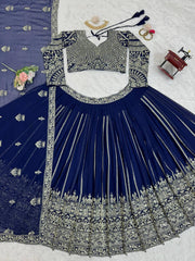 Function Wear Thread With Sequence Work Blue Color Lehenga choli