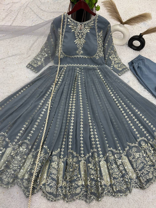 Fashionable Georgette Grey Color Embroidery Work Anarkali Gown