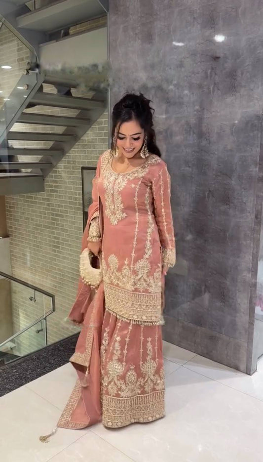 Unique Pure Chinnon Peach Color Top-Bottom And Dupatta Set