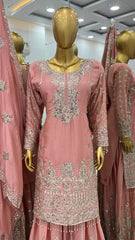 Unique Pure Chinnon Peach Color Top-Bottom And Dupatta Set