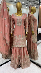 Unique Pure Chinnon Peach Color Top-Bottom And Dupatta Set