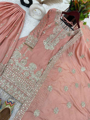 Unique Pure Chinnon Peach Color Top-Bottom And Dupatta Set