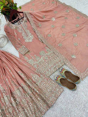 Unique Pure Chinnon Peach Color Top-Bottom And Dupatta Set