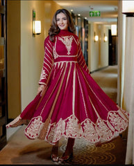 Fashionable Georgette Dark Pink Color Embroidery Work Anarkali Gown