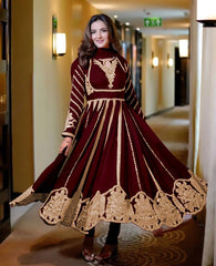 Fashionable Georgette Maroon Color Embroidery Work Anarkali Gown