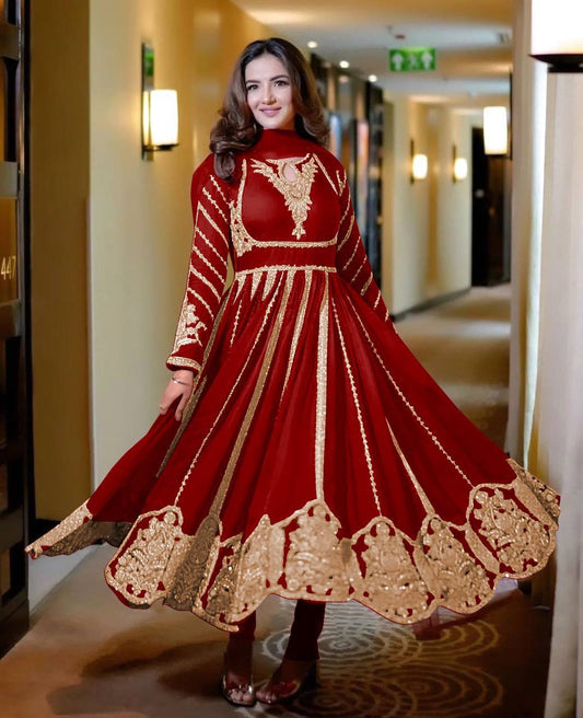 Fashionable Georgette Red Color Embroidery Work Anarkali Gown