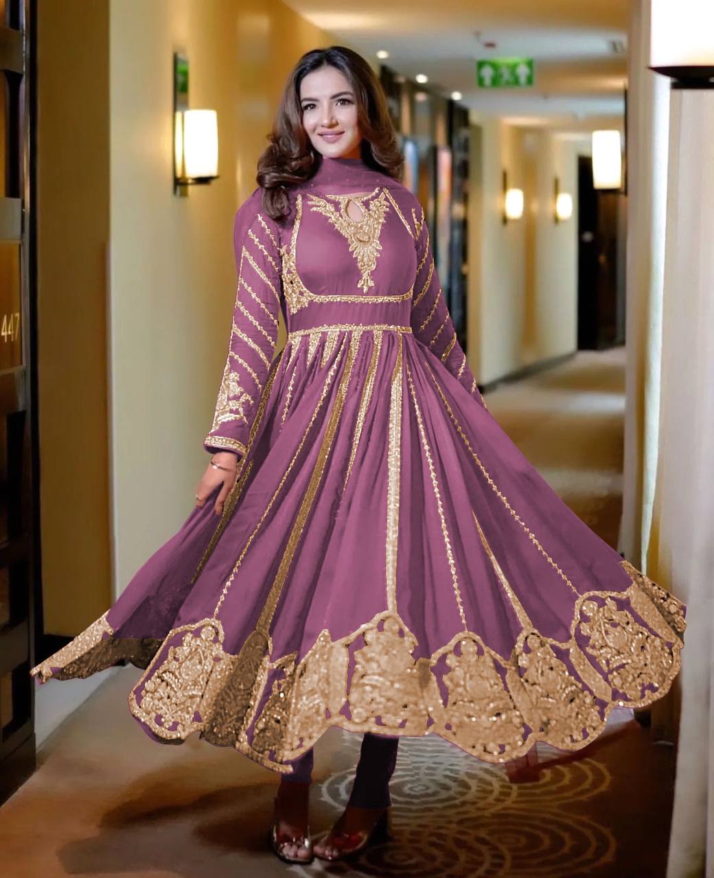 Fashionable Georgette Dusty Pink Color Embroidery Work Anarkali Gown