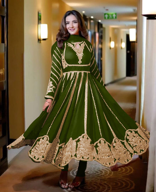 Fashionable Georgette Green Color Embroidery Work Anarkali Gown