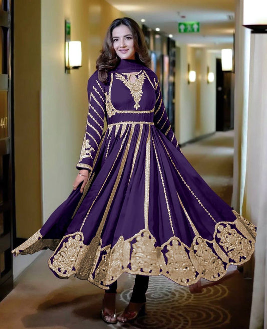 Fashionable Georgette Purple Color Embroidery Work Anarkali Gown