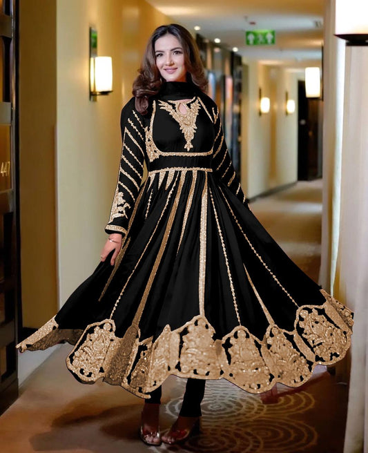 Fashionable Georgette Black Color Embroidery Work Anarkali Gown