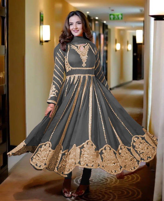 Fashionable Georgette Grey Color Embroidery Work Anarkali Gown