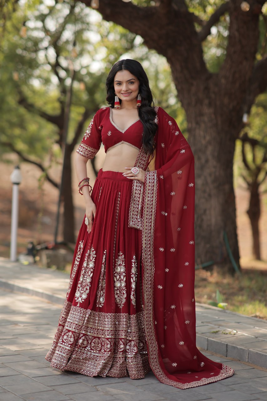 Captivating Maroon Color Heavy Embroidery Sequence Work Lehengha Choli