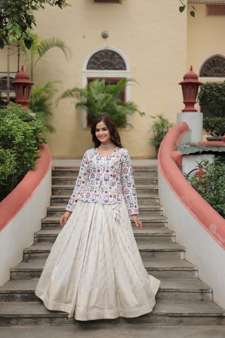 Trendy Embroidered Work White Color Top With Lehenga