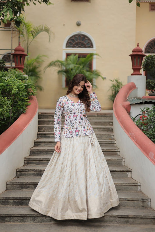 Trendy Embroidered Work White Color Top With Lehenga