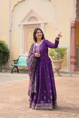 Fantastic Chinon Purple Color Embroidered Work Gown With Dupatta