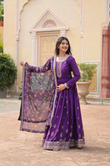 Fantastic Chinon Purple Color Embroidered Work Gown With Dupatta