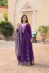 Fantastic Chinon Purple Color Embroidered Work Gown With Dupatta