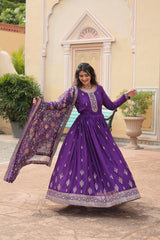 Fantastic Chinon Purple Color Embroidered Work Gown With Dupatta