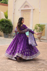 Fantastic Chinon Purple Color Embroidered Work Gown With Dupatta