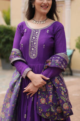 Fantastic Chinon Purple Color Embroidered Work Gown With Dupatta