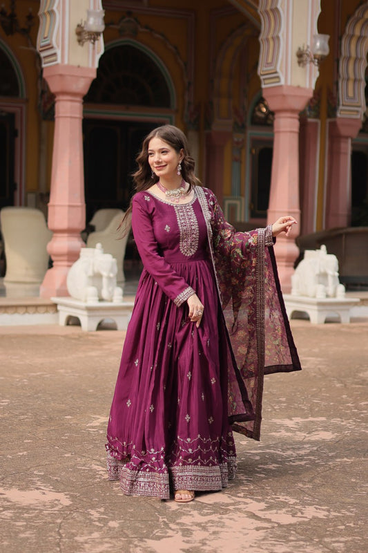 Fantastic Chinon Wine Color Embroidered Work Gown With Dupatta