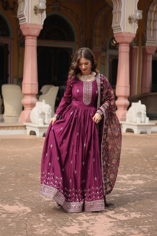 Fantastic Chinon Wine Color Embroidered Work Gown With Dupatta