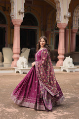 Fantastic Chinon Wine Color Embroidered Work Gown With Dupatta