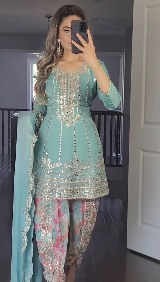 Elegant Embroidery Work Sky Blue Color Dhoti Suit