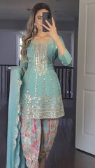 Elegant Embroidery Work Sky Blue Color Dhoti Suit