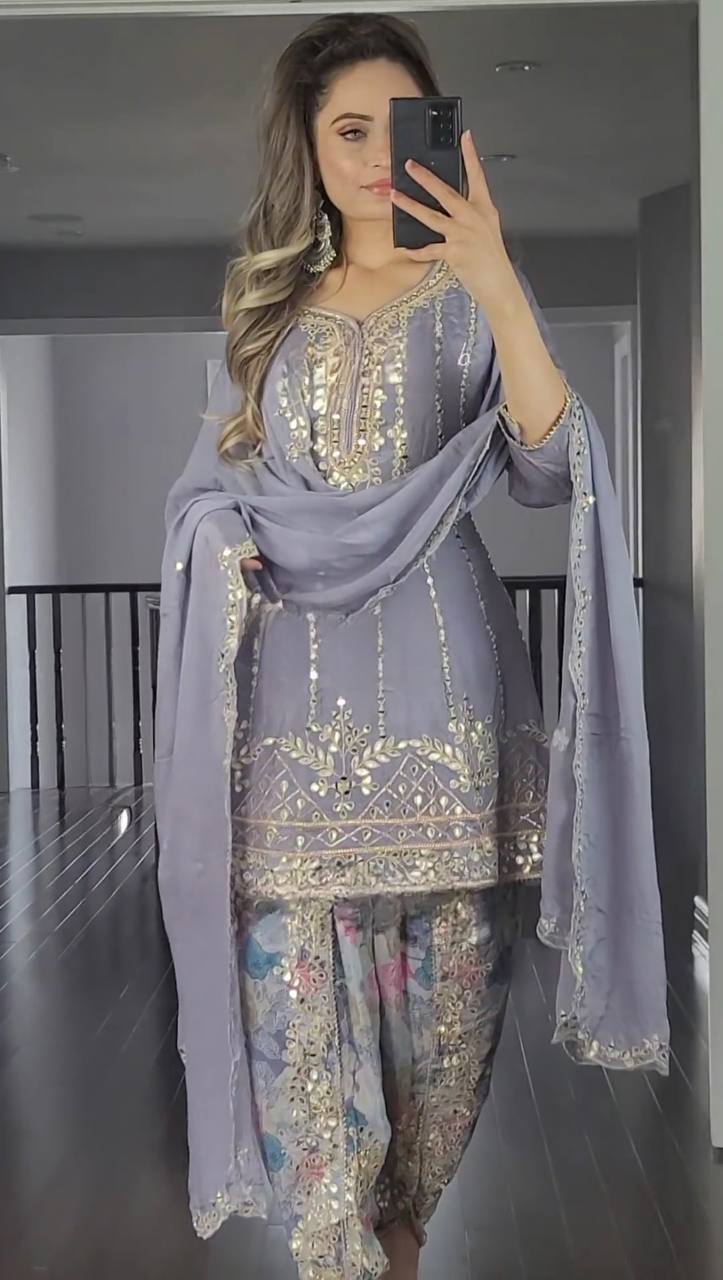 Elegant Embroidery Work Grey Color Dhoti Suit