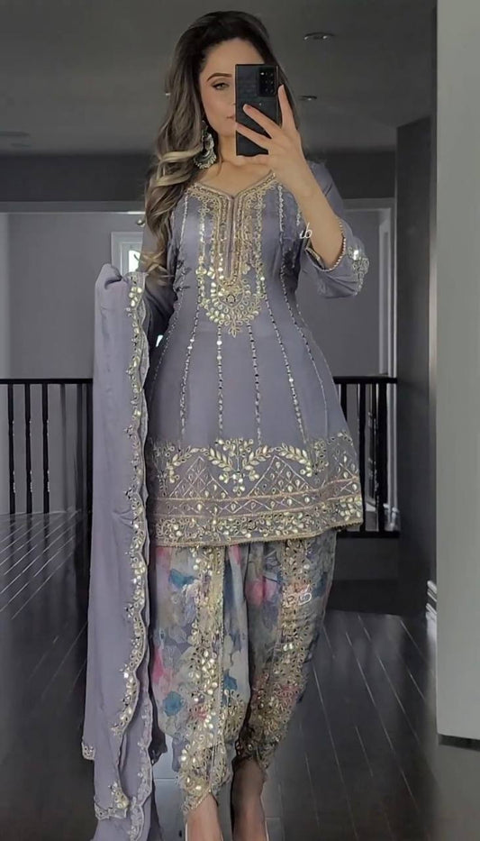 Elegant Embroidery Work Grey Color Dhoti Suit