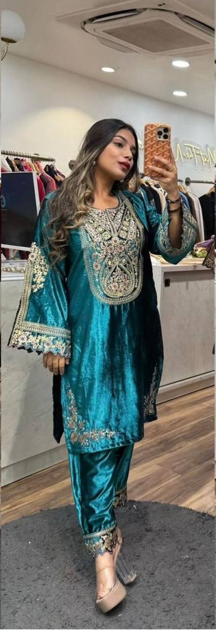 Fantastic Teal Blue Color Velvet Embroidery Work Salwar Suit