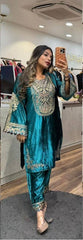 Fantastic Teal Blue Color Velvet Embroidery Work Salwar Suit