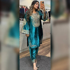 Fantastic Teal Blue Color Velvet Embroidery Work Salwar Suit