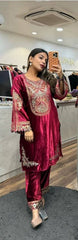 Fantastic Maroon Color Velvet Embroidery Work Salwar Suit