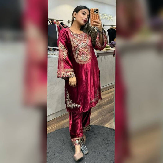 Fantastic Maroon Color Velvet Embroidery Work Salwar Suit