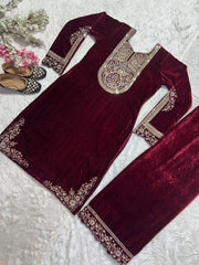 Fantastic Maroon Color Velvet Embroidery Work Salwar Suit