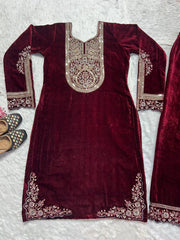 Fantastic Maroon Color Velvet Embroidery Work Salwar Suit