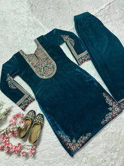 Fantastic Teal Blue Color Velvet Embroidery Work Salwar Suit