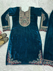 Fantastic Teal Blue Color Velvet Embroidery Work Salwar Suit