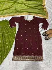 Wedding Wear Georgette Sequence Work Wine And Parrot Dhoti Suit