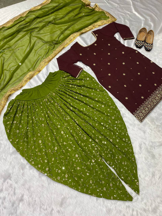 Wedding Wear Georgette Sequence Work Wine And Parrot Dhoti Suit