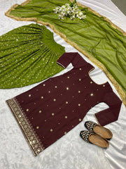 Wedding Wear Georgette Sequence Work Wine And Parrot Dhoti Suit