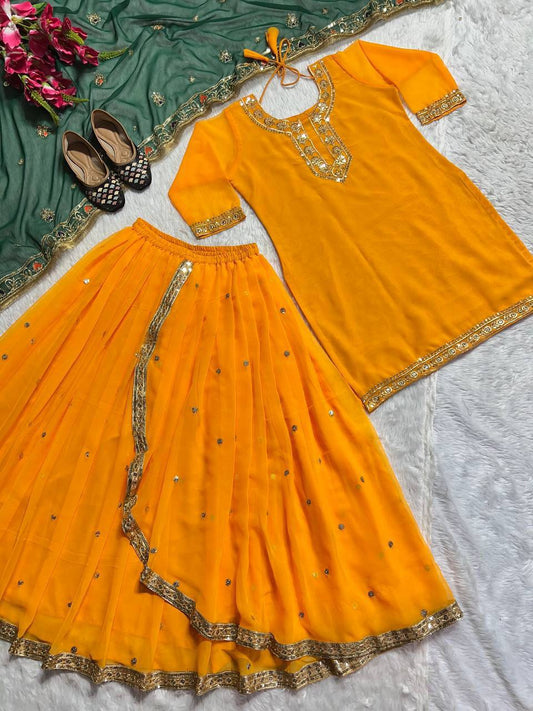 Punjabi Style Orange Color Georgette Sequence Work Lehenga With Top