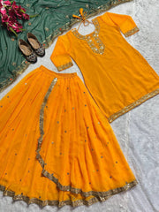 Punjabi Style Orange Color Georgette Sequence Work Lehenga With Top