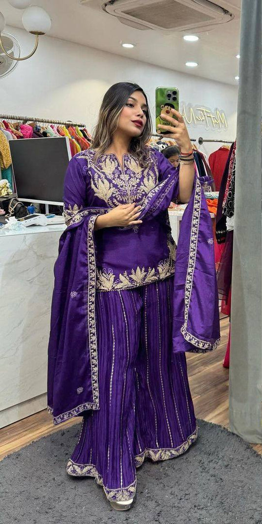 Demanding Chinnon Silk Sequence Work Purple Color Sharara Suit